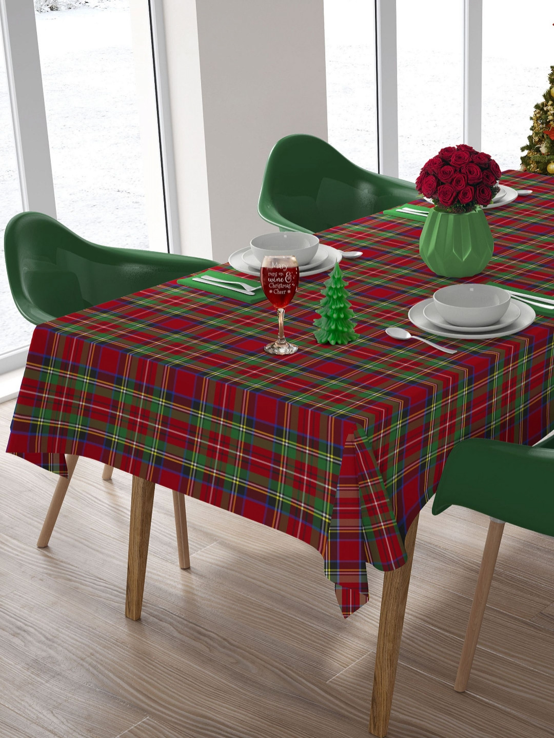 HOME COLORS.IN Red & Green Checked Cotton 6-Seater Table Cover