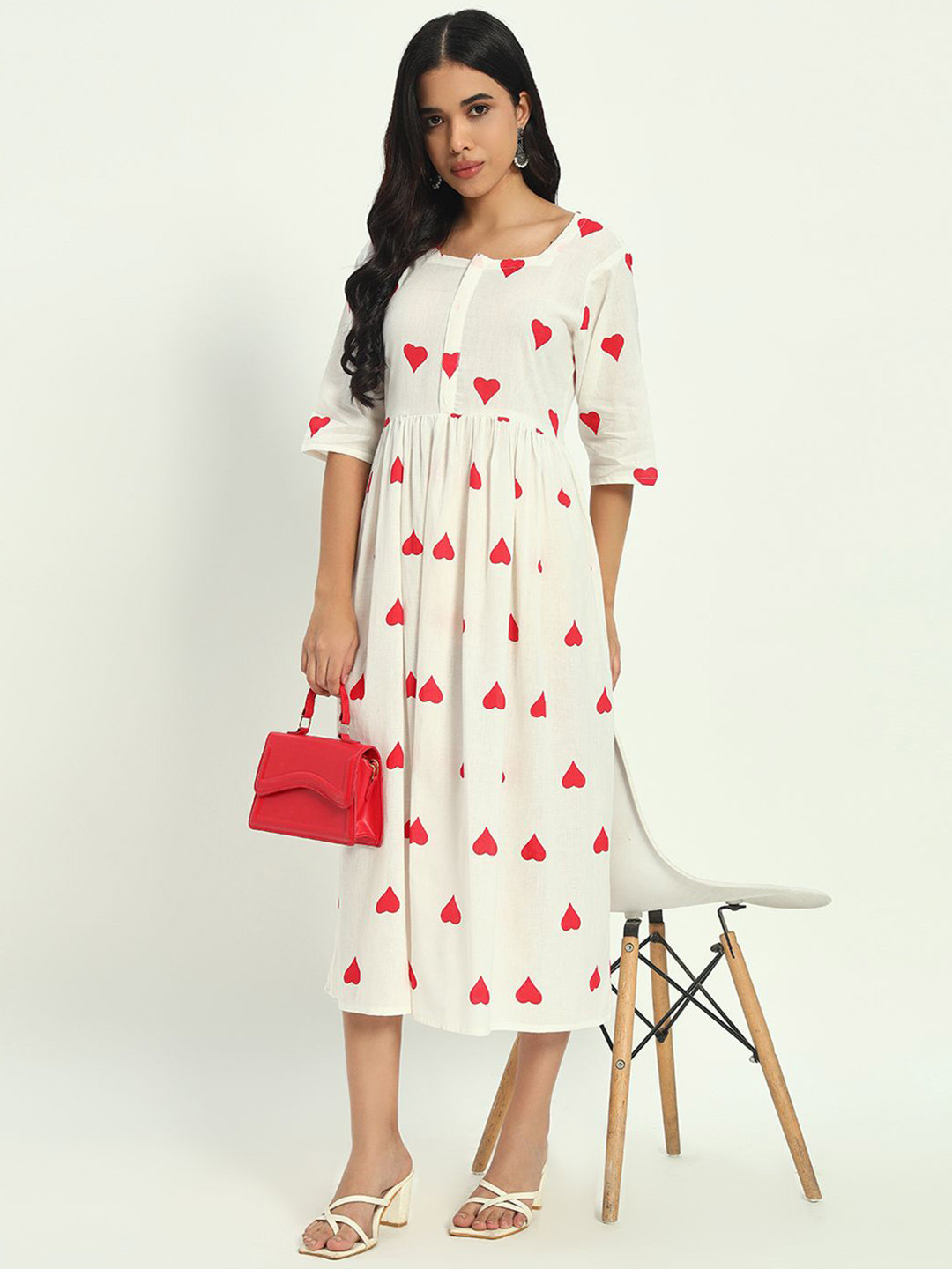 ASHRU Heart Printed Square Neck Flared Dress