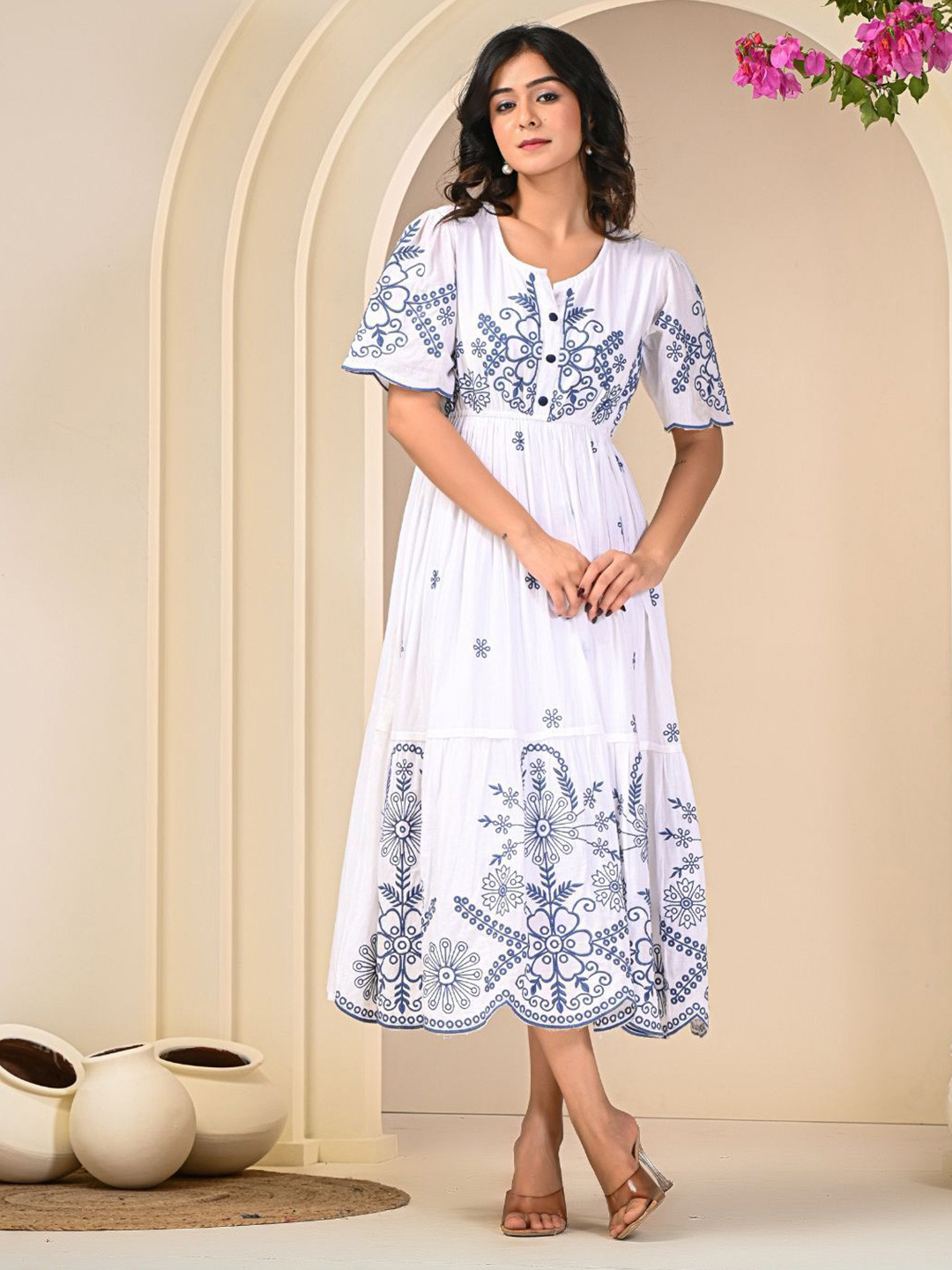 Zolo Label Women Floral Embroidered Flared Sleeve Fit And Flare Midi Cotton Dress