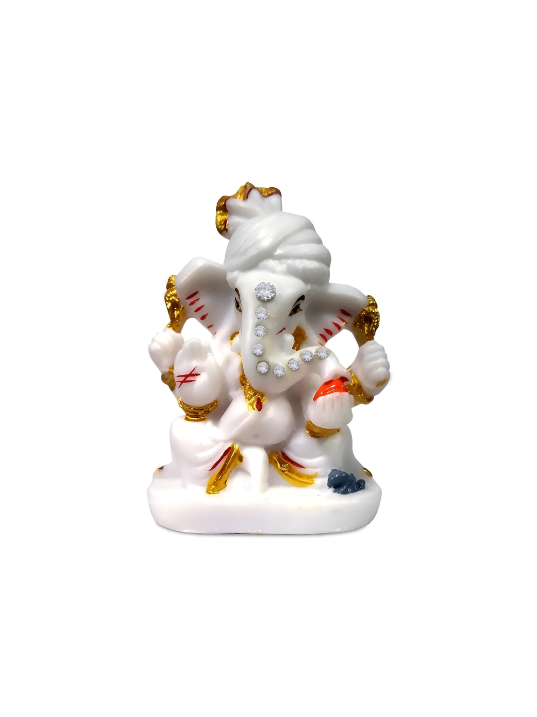Adhvik Pagadi 4 Hand Ganesha/Bappa with Mushak White Marble Matte Prayer Room Small Showpiece - 3.5 Inches
