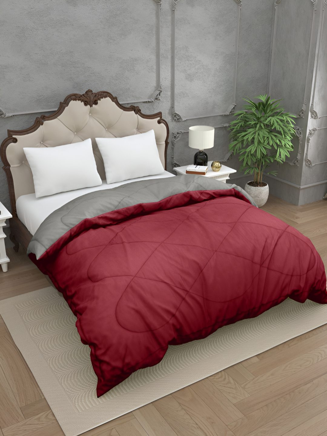 BED-SHEET.COM Grey & Maroon Microfiber Mild Winter 300 GSM Double Bed Comforter