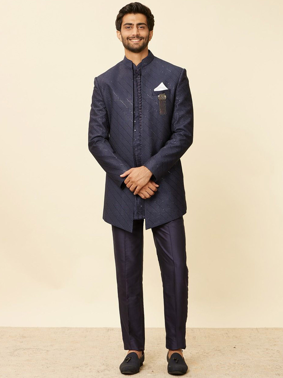 Twamev Men Dark Blue Viscose Embroidery Sequin Work Indo Western Sherwani Set