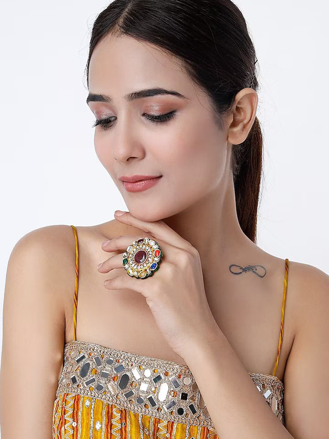 vivinia BY VIDHI MEHRA Womens Gold Plated Multicolored Kundan Ring