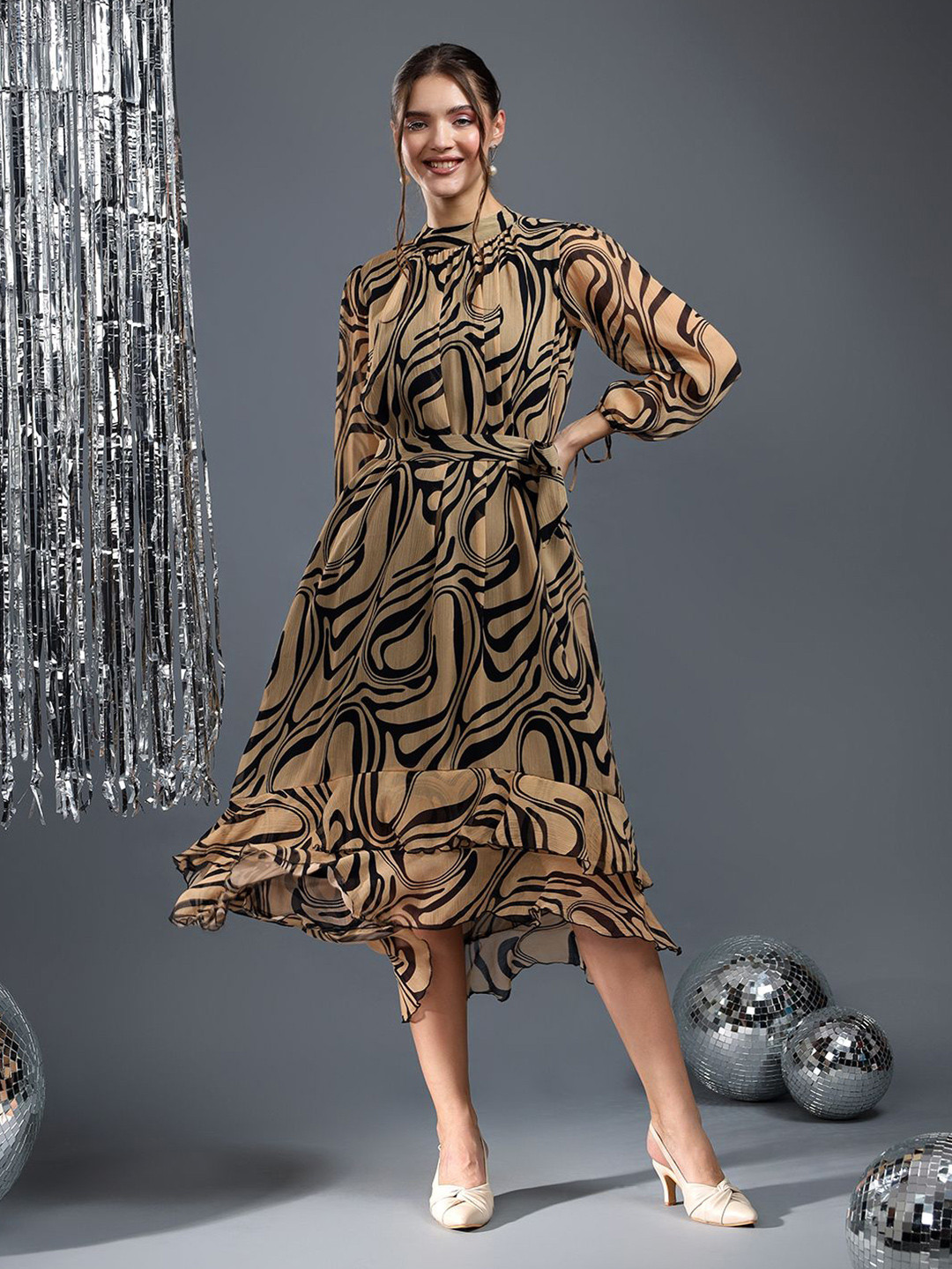 Justin Whyte Animal Print Chiffon A-Line Midi Dress