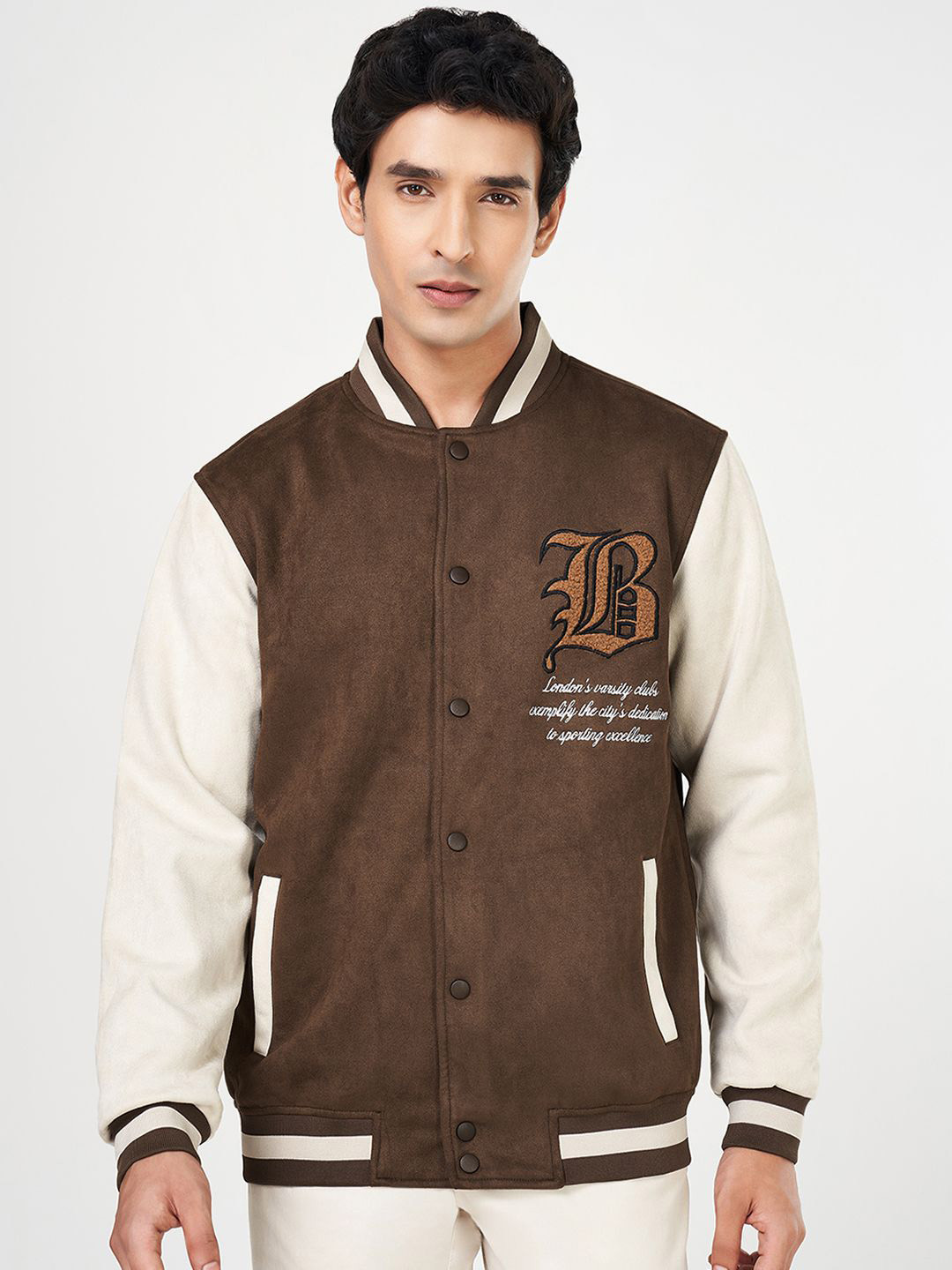 BYFORD by Pantaloons Men Crop Varsity Jacket with Patchwork