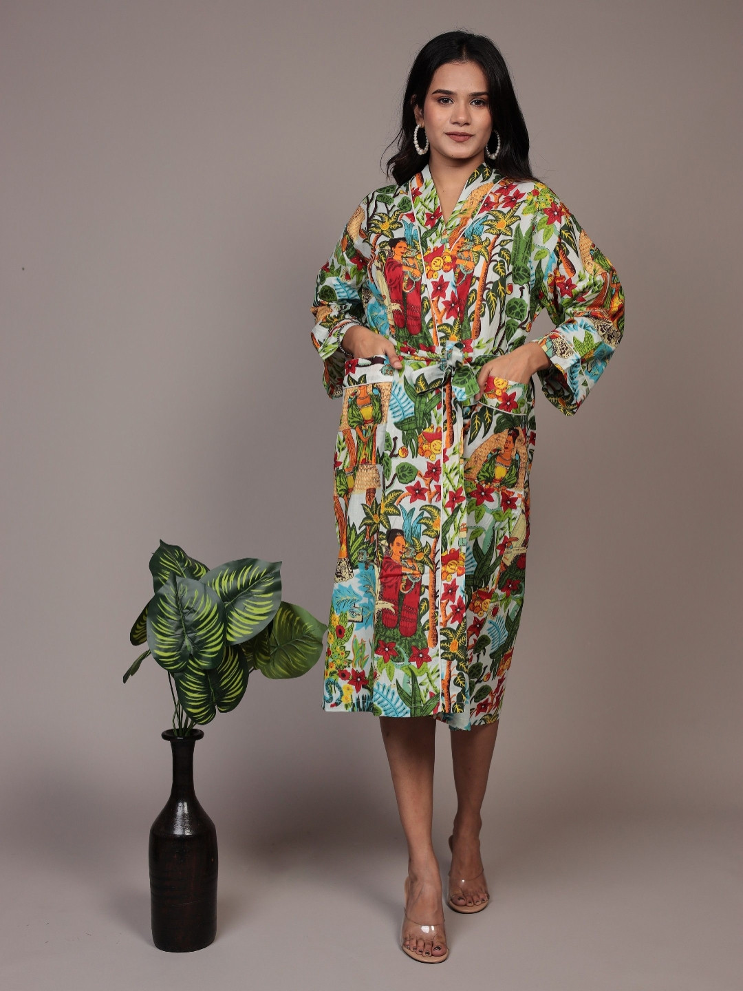 Bohekant Kimono White Floral Cotton Drawstring Midi Bath Robe
