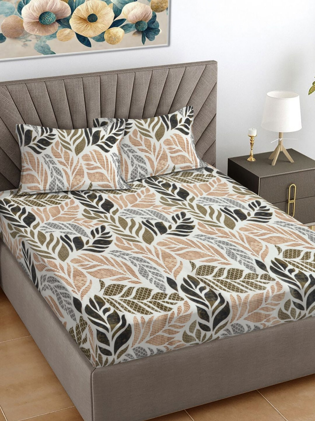 FABINALIV Wave Drift White Leaf Wool 300 TC King Fine Bedsheet with 2 Pillow Covers-98 x 89 inches