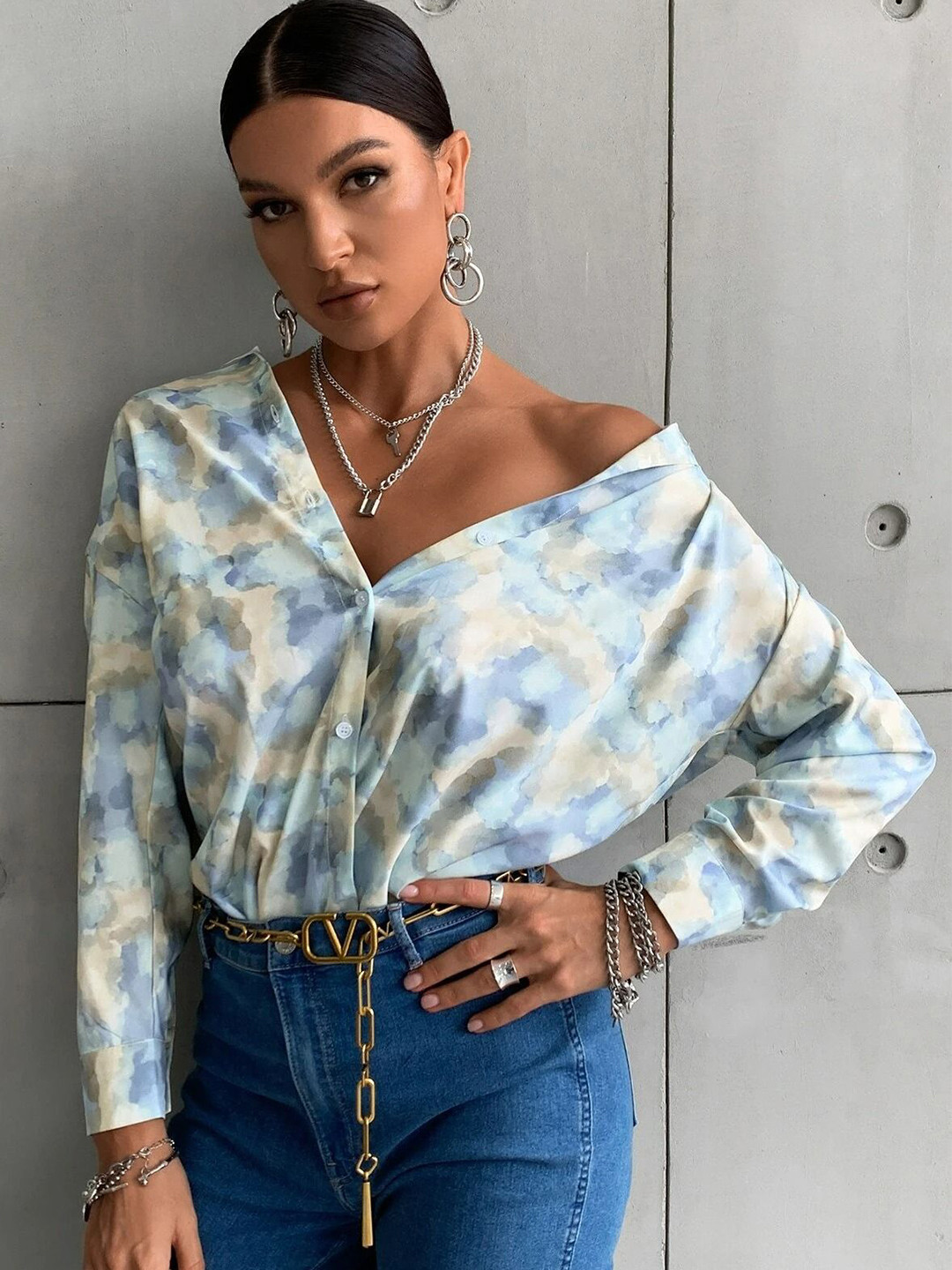 Stylecast X Slyck Women Tie & Dye Pattern Button-Down Collar Cuffed Sleeves Shirt