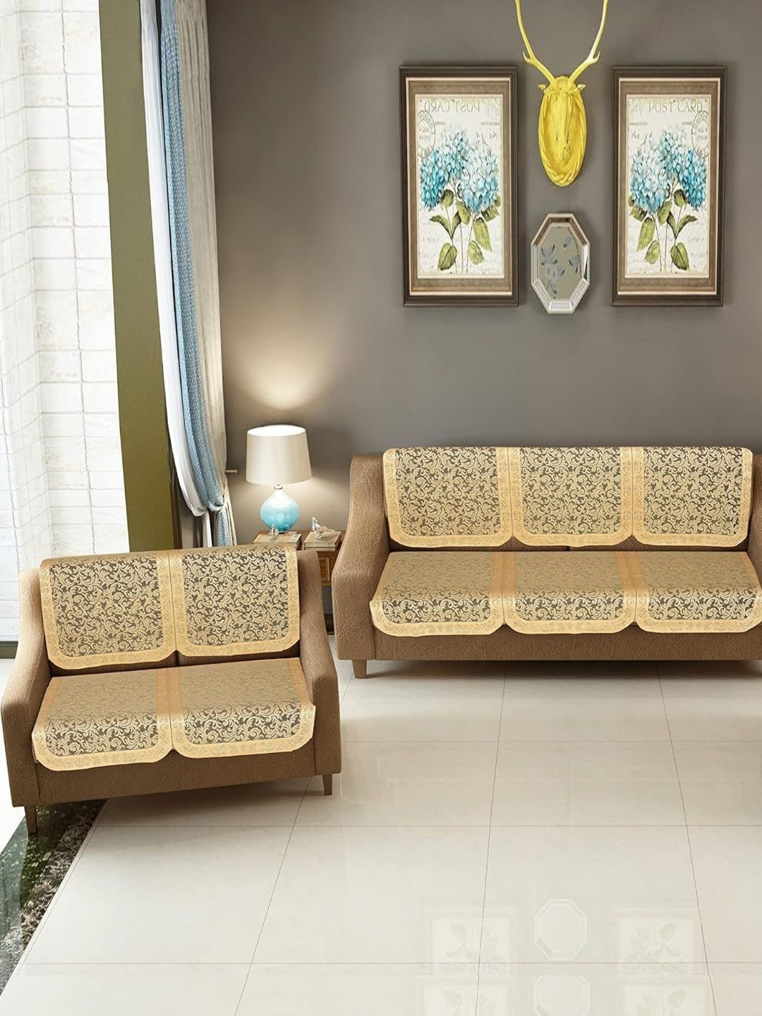 EASTTARDOMM Gold-Toned & Brown Printed Polyester Sofa Cover