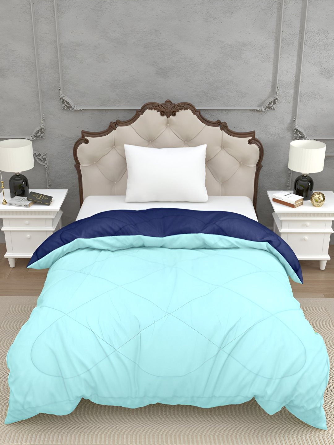 BED-SHEET.COM Navy Blue & Turquoise Blue Microfiber Mild Winter 300 GSM Single Bed Comforter