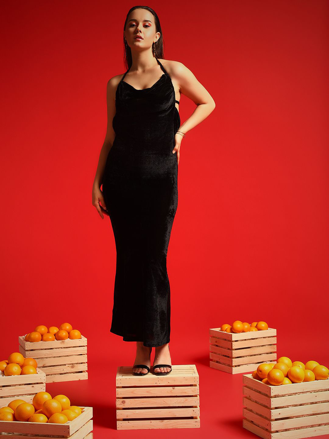 BAESD Women Velvet Halter Neck Bodycon Maxi Dress