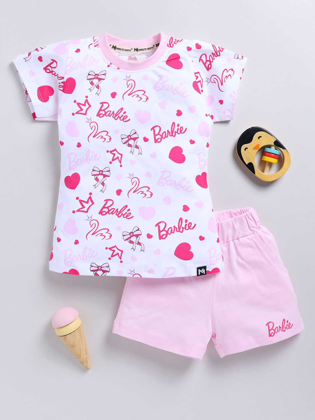 YK X Minute Mirth Girls Barbie Printed Pure Cotton T-shirt with Shorts