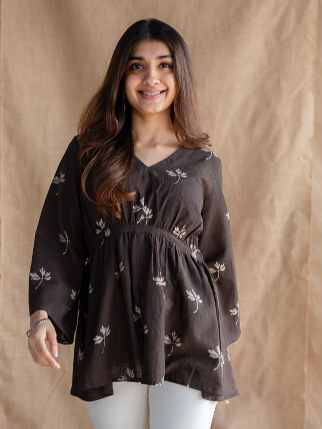 THE INDIAN ETHNIC CO Dark Brown Dabu Slub Cotton Short Top