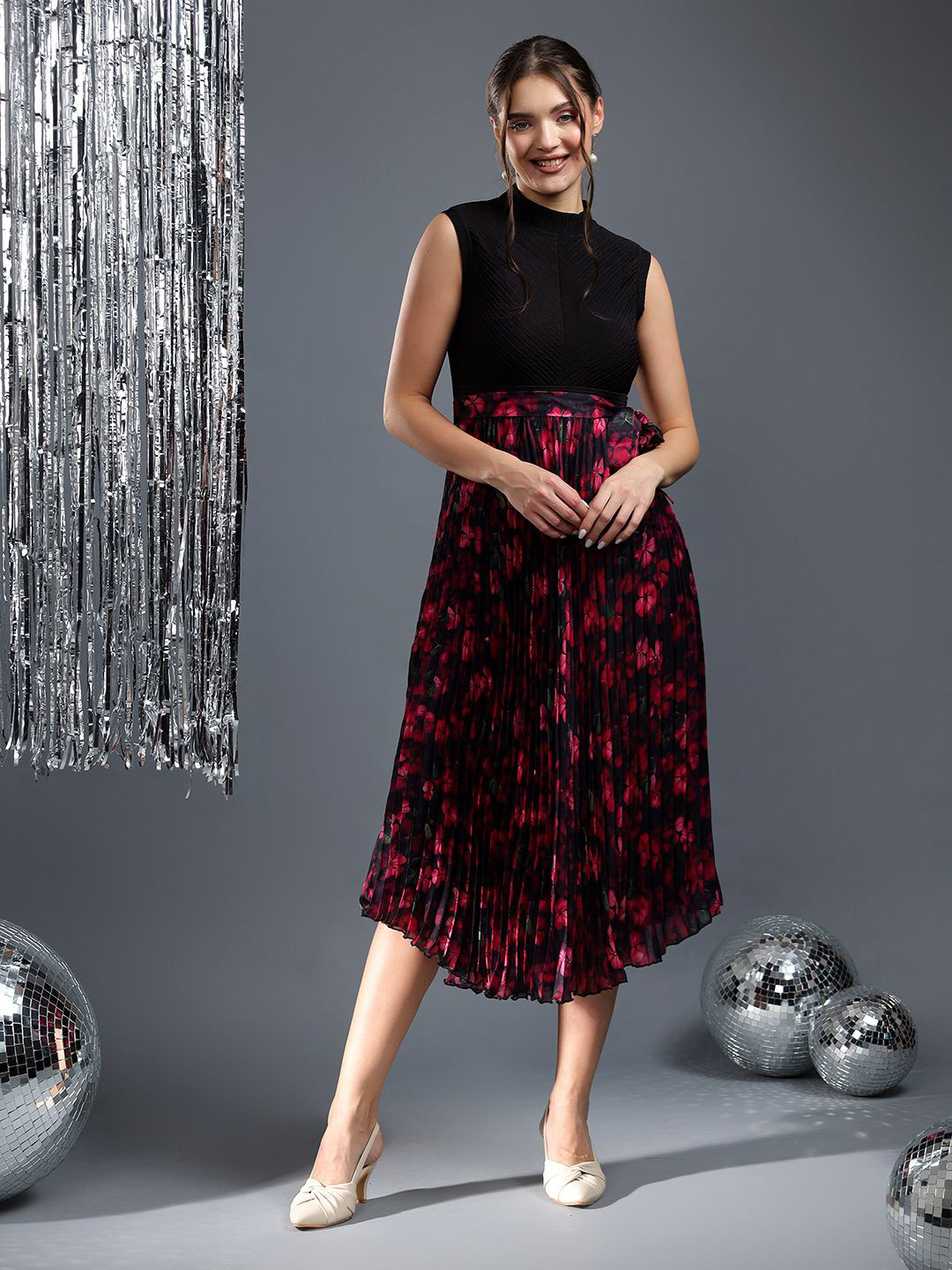 Justin Whyte Floral Print Keyhole Neck Satin A-Line Midi Dress
