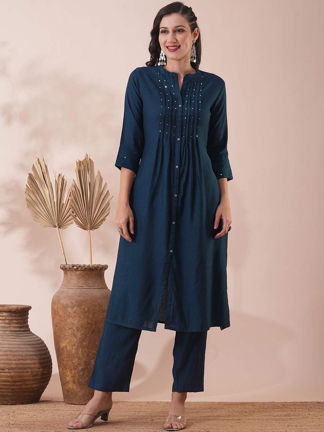 FASHOR Tucked & Mirror Embroidered A-Line Kurta With Trouser Co-Ords