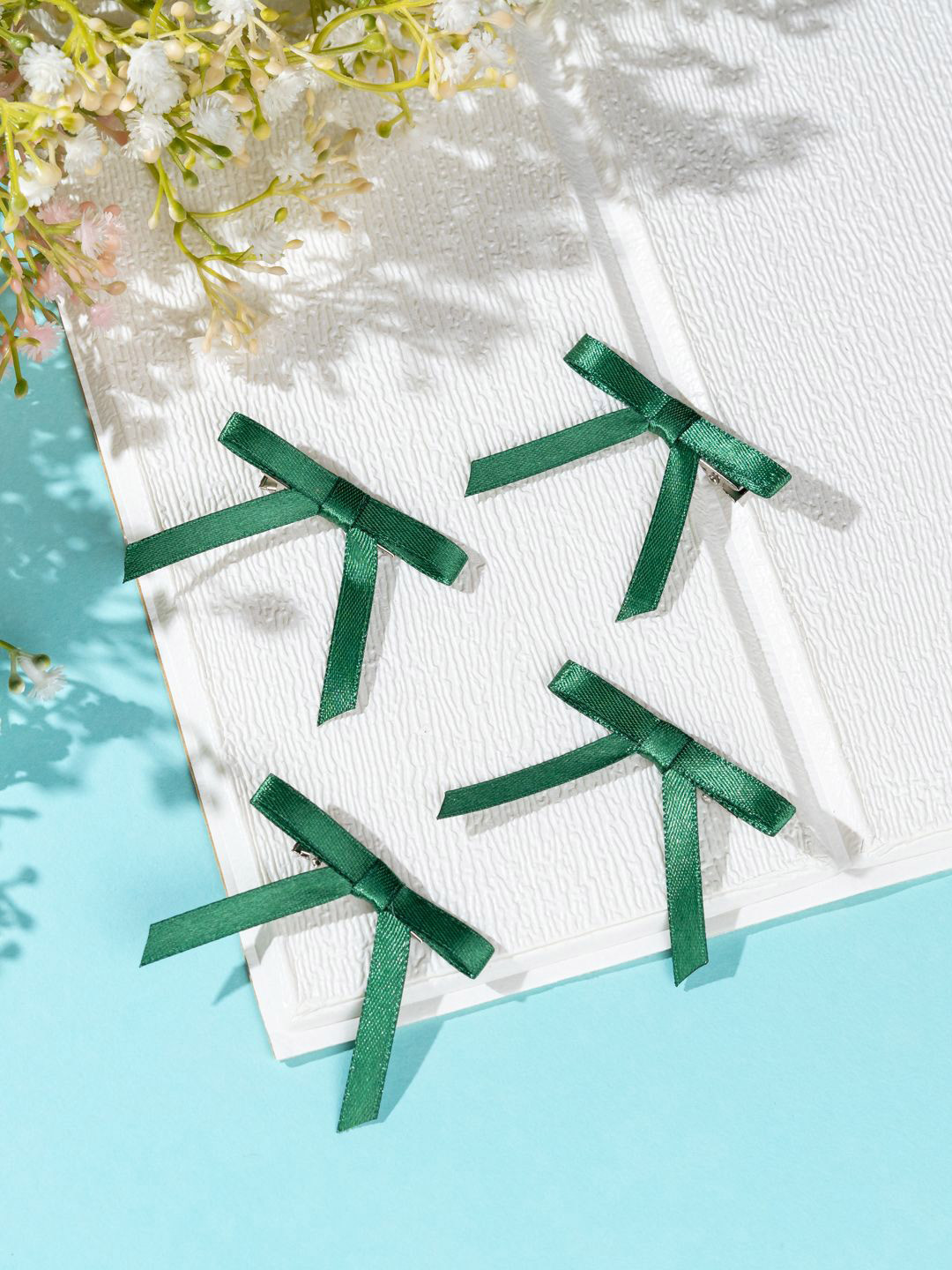 Arendelle Christmas Combo of 4 Satin Silk Mini Hairpin Bow In Green