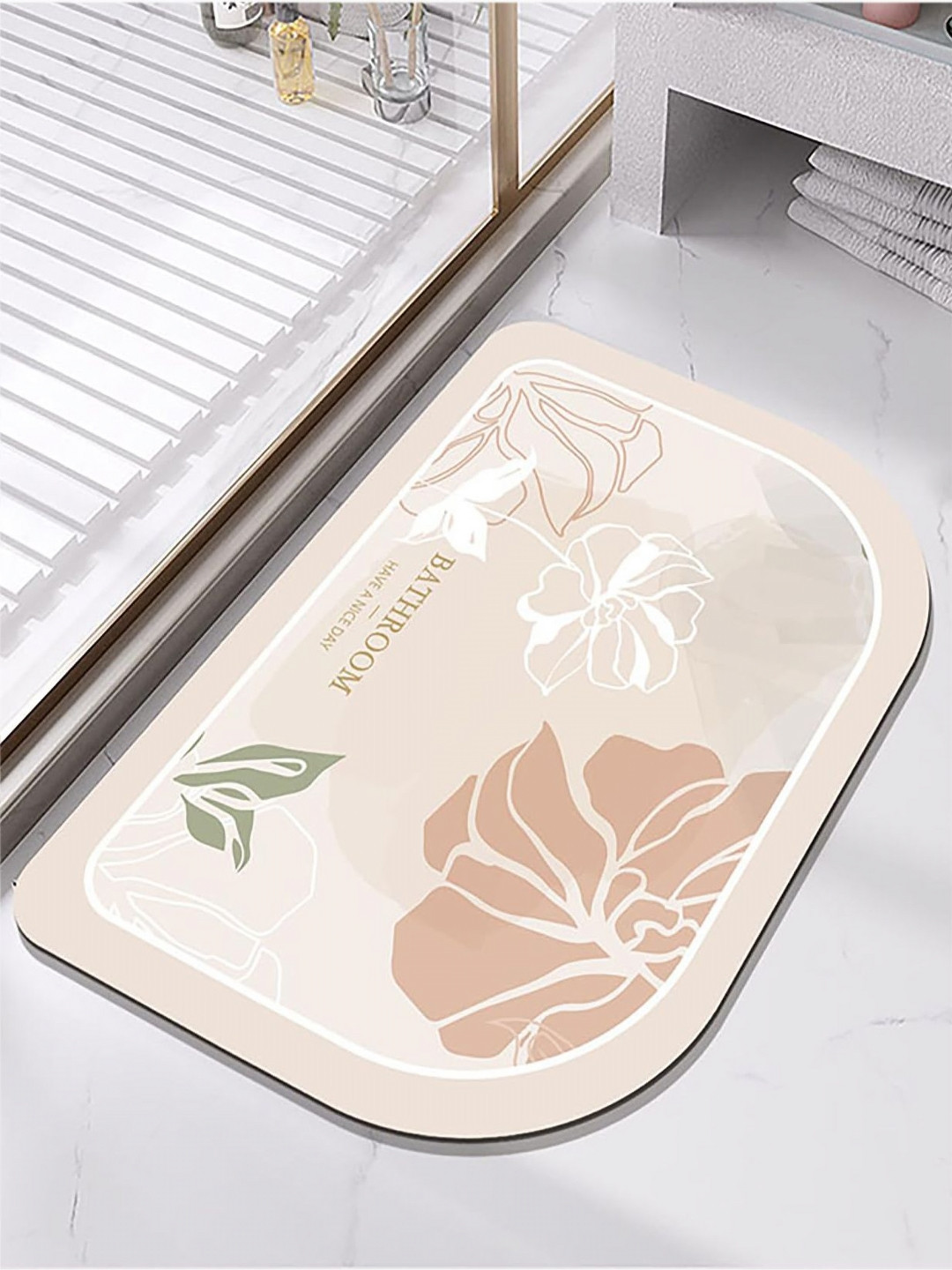 HOUSE OF QUIRK Peach-Color & White Printed Rectangular Bath Rug