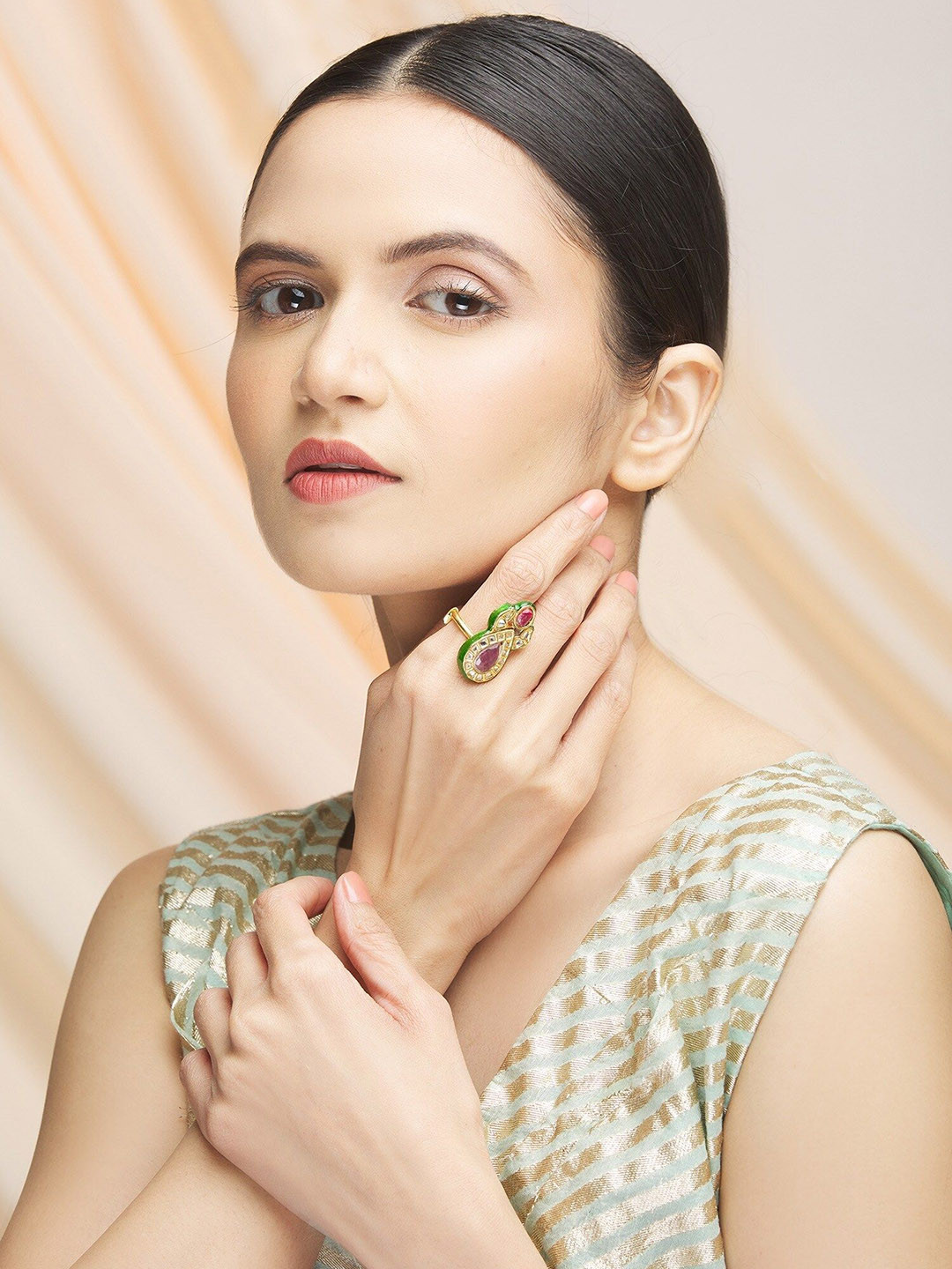 vivinia BY VIDHI MEHRA Womens Saadgi Gold Plated Multicolored Kundan Polki Ring