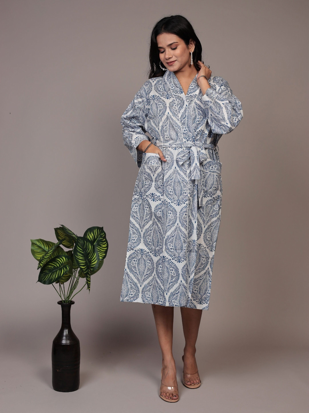 Bohekant Kimono White Leaf Cotton Drawstring Midi Bath Robe