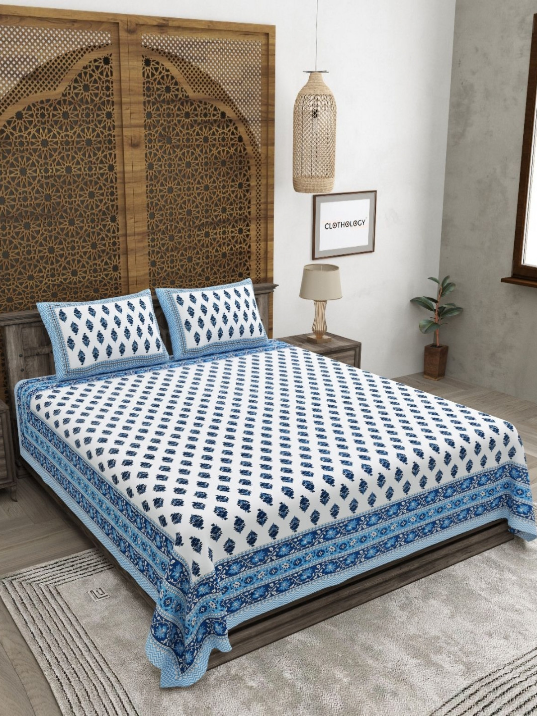 CLOTHOLOGY Indigo & White Diamond Buti Royal Riwayat 180 TC Cotton King Bedsheet with 2 Pillow Cover