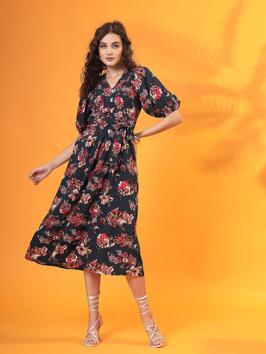 STYLECAST X KASSUALLY Floral Print Bishop Sleeve Georgette Fit & Flare Midi Dress