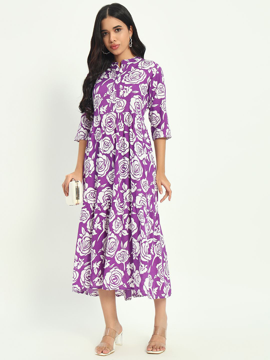 ASHRU Floral Printed Mandarin Collar Neck Flared Dress