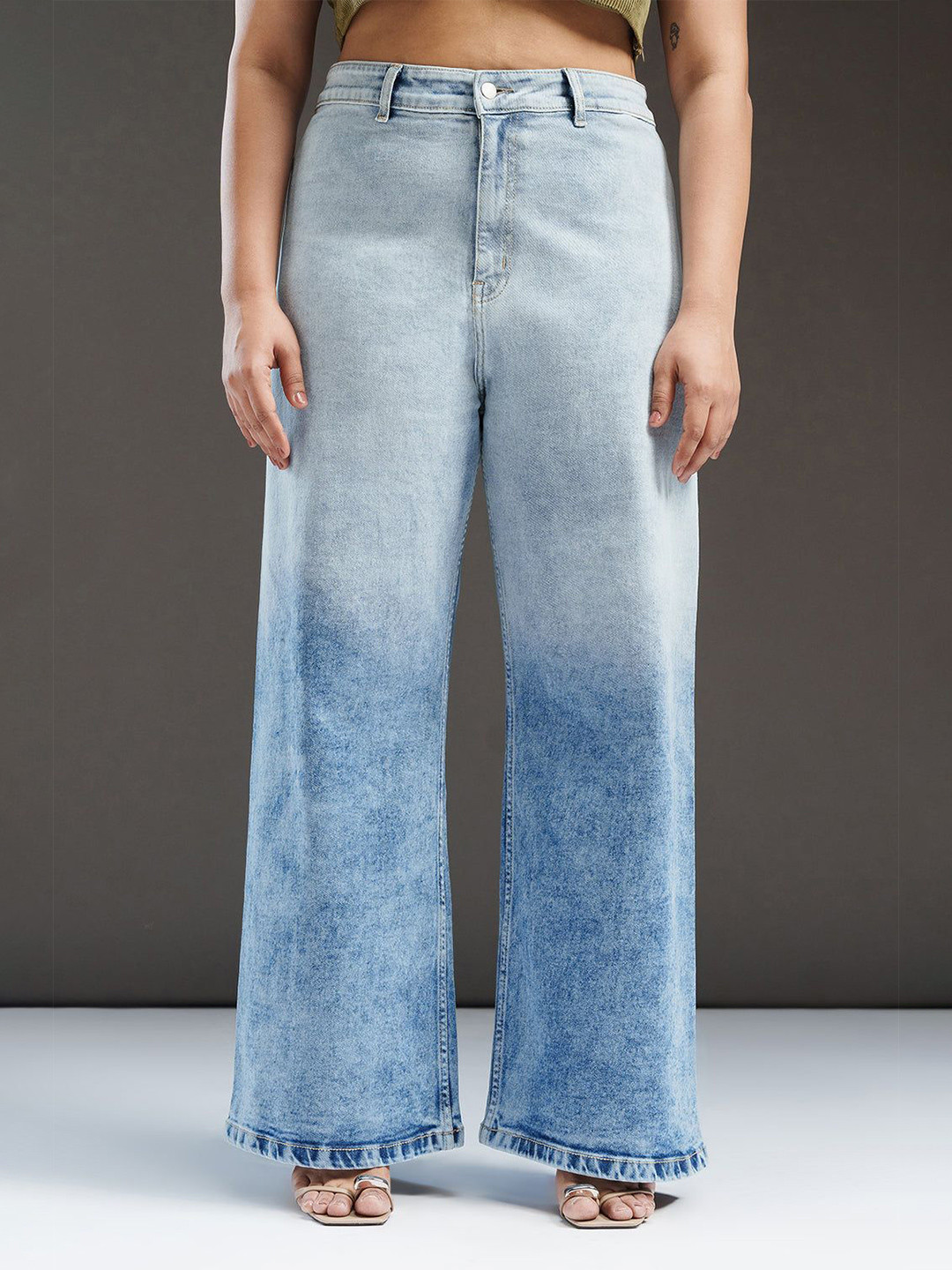 FREAKINS Women Plus Size Jean Flared High-Rise Heavy Fade Stretchable Jeans