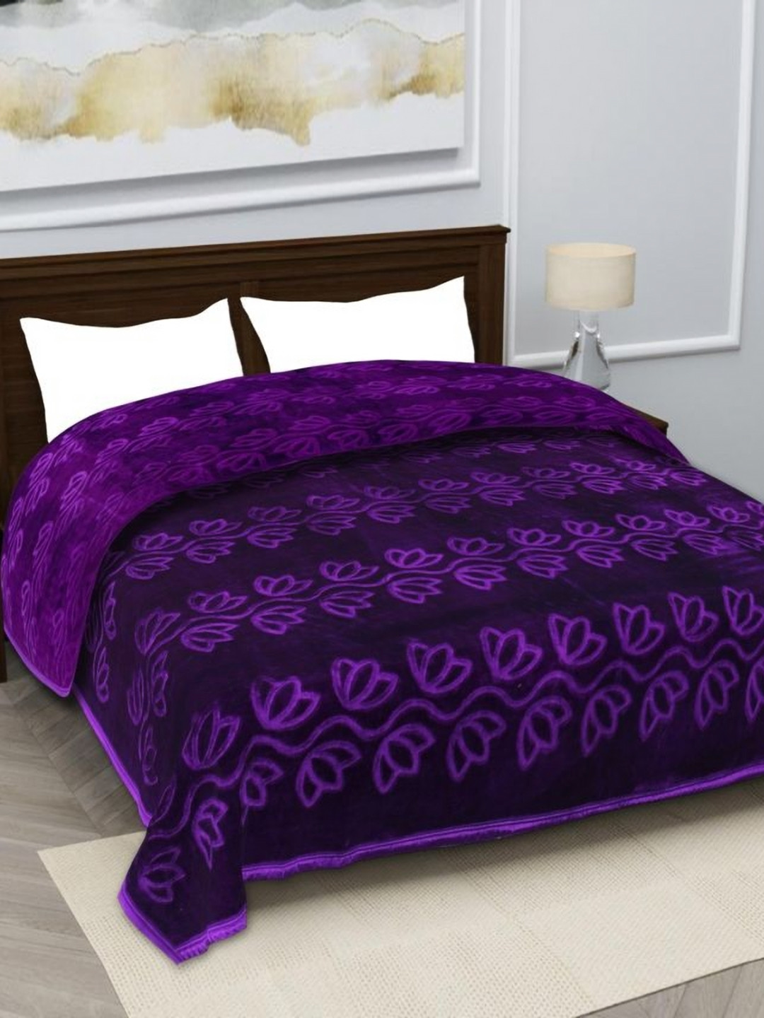 MAGICAL Violet Floral Mink 400 GSM Double Bed Blanket