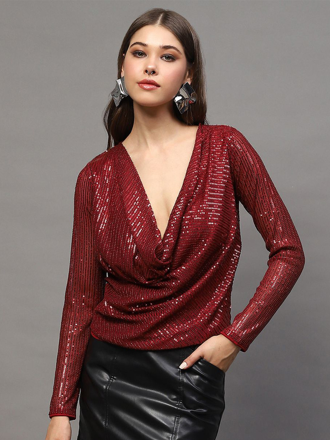 Rust Sequined Cowl Neck Party Top