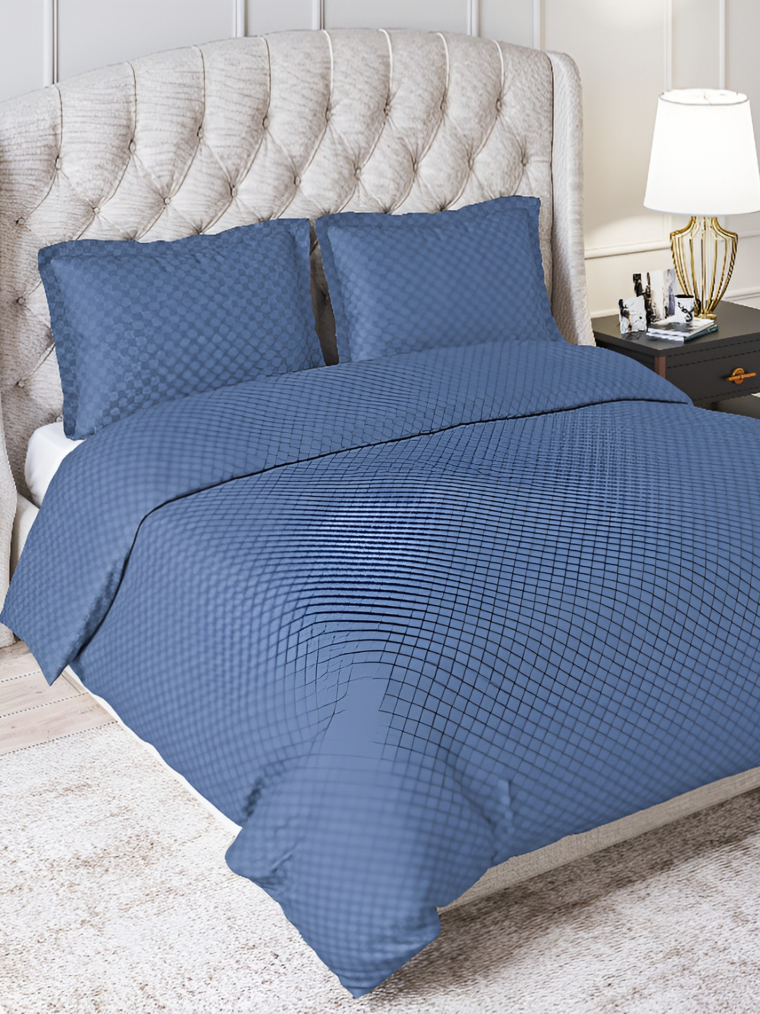 Trance Home Linen 300TC Checks Zippered King Rajai Cover/Blanket Cover with 2 Pillow Covers