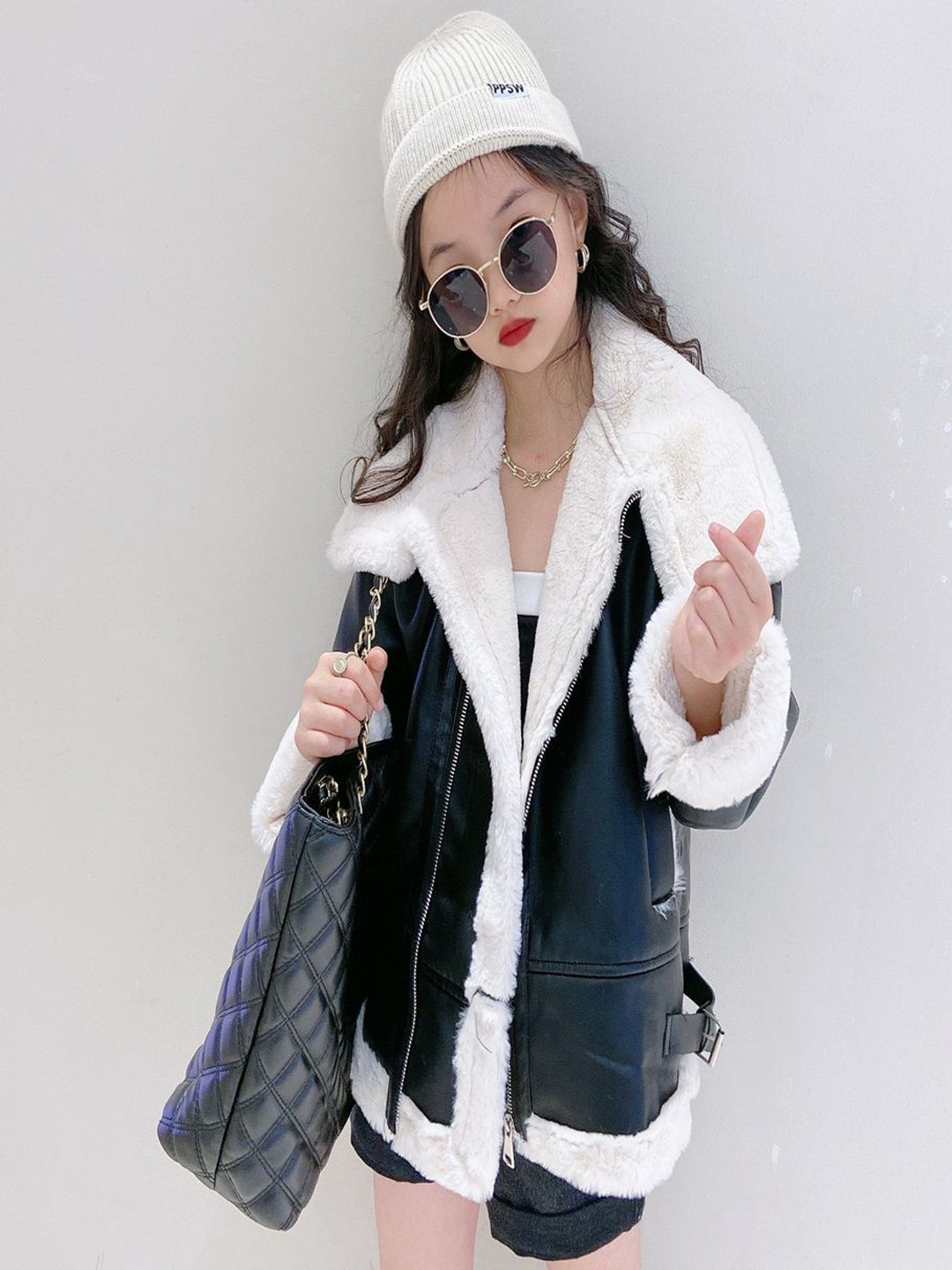 Xsole Kids Leather Single Breasted Fur Lining Winter Overcoat