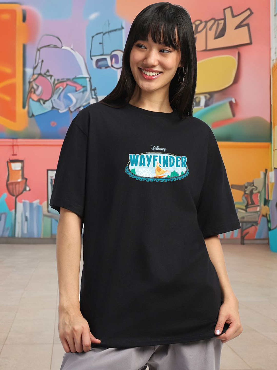 JUNEBERRY Disney Moana Women Black Printed Relaxed Fit Pure Cotton Oversized T-shirt