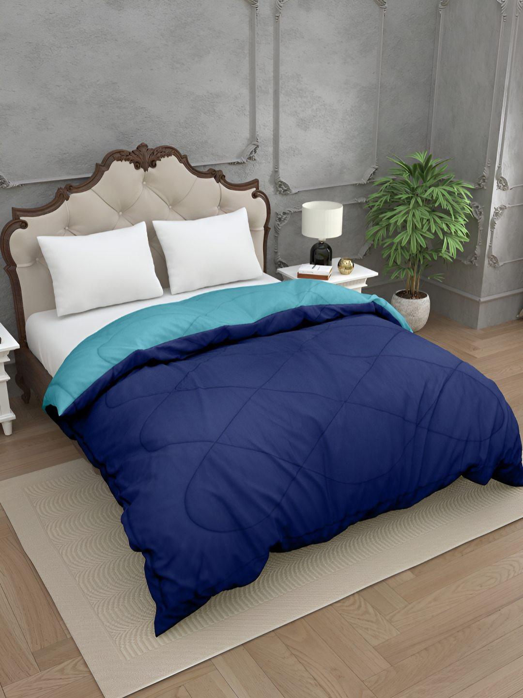 BED-SHEET.COM Navy Blue & Green Microfiber Mild Winter 300 GSM Double Bed Comforter