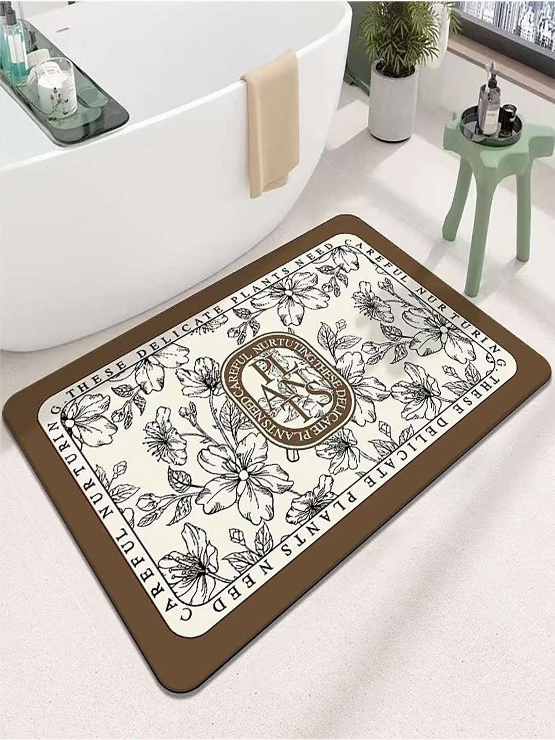 HOUSE OF QUIRK Brown & White Printed Rectangular Bath Rug