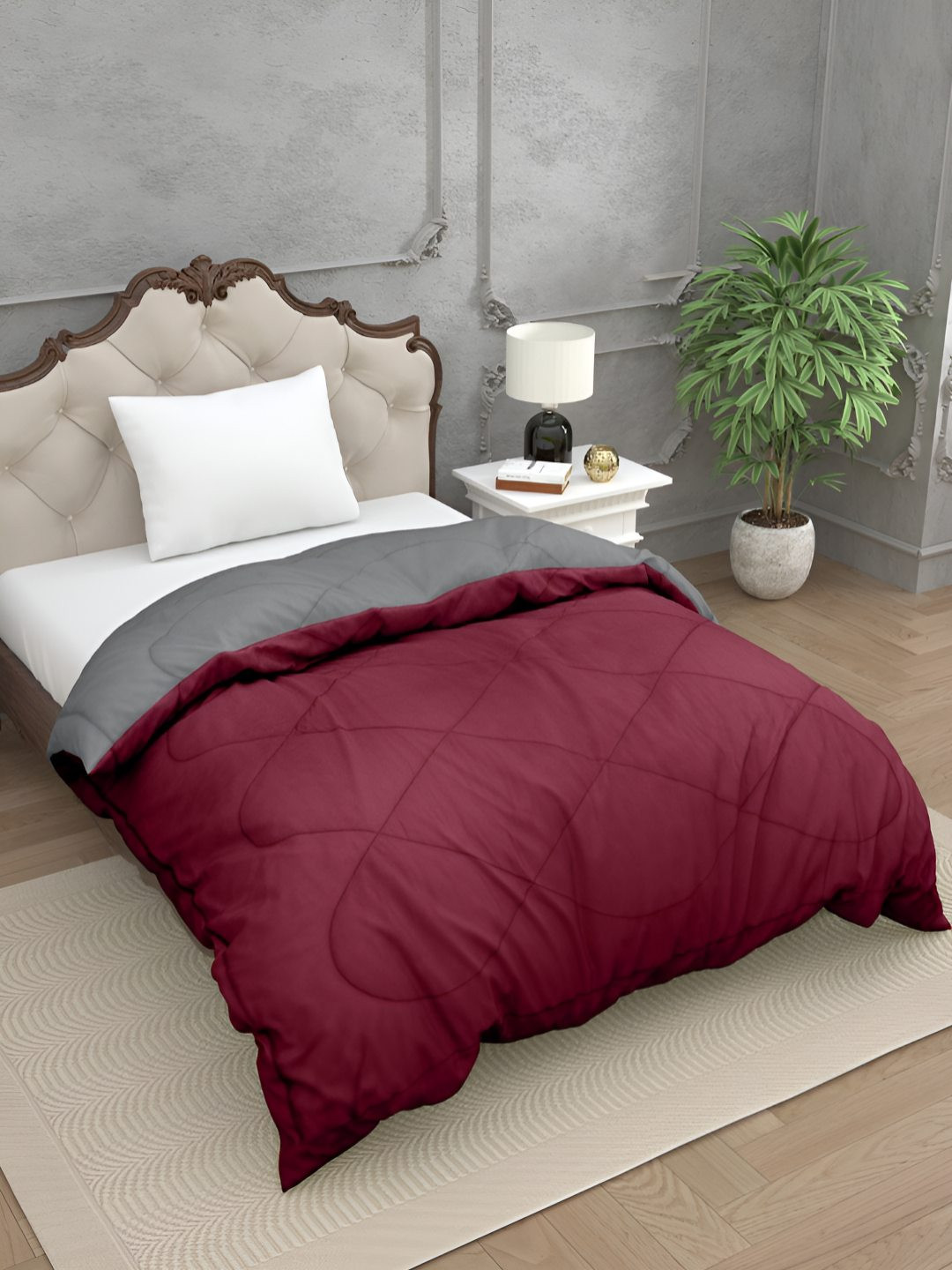 BED-SHEET.COM Grey & Maroon Microfiber Mild Winter 300 GSM Single Bed Comforter