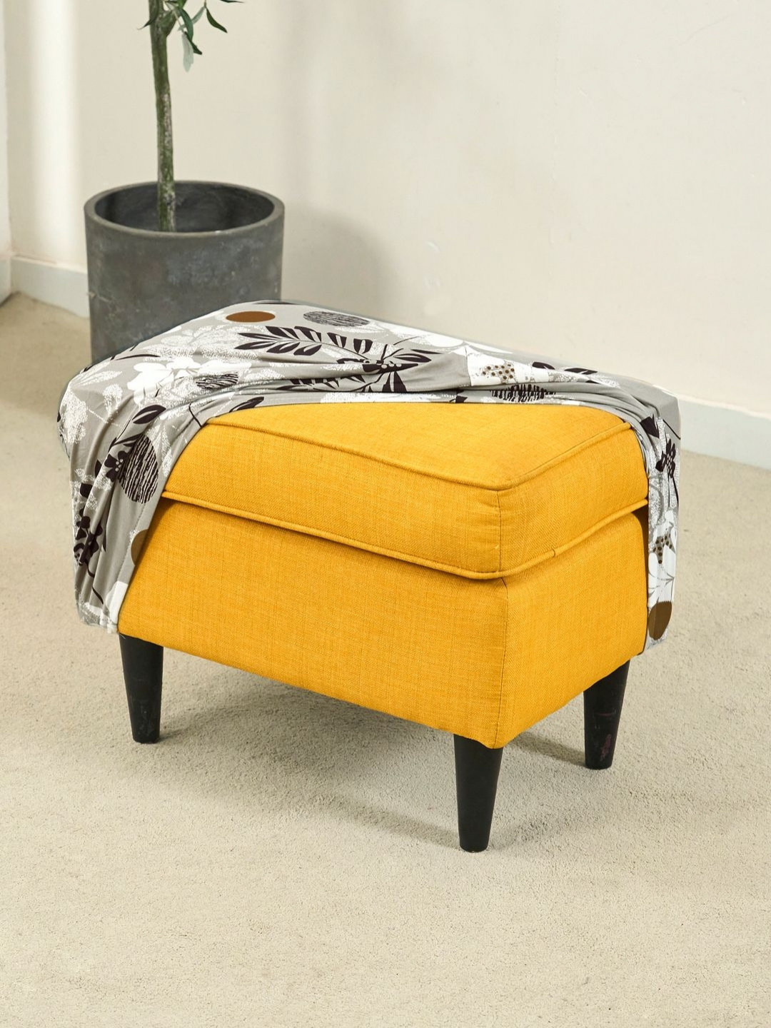 HOKIPO Brown & White Floral Printed Foot Stool Ottoman Cover