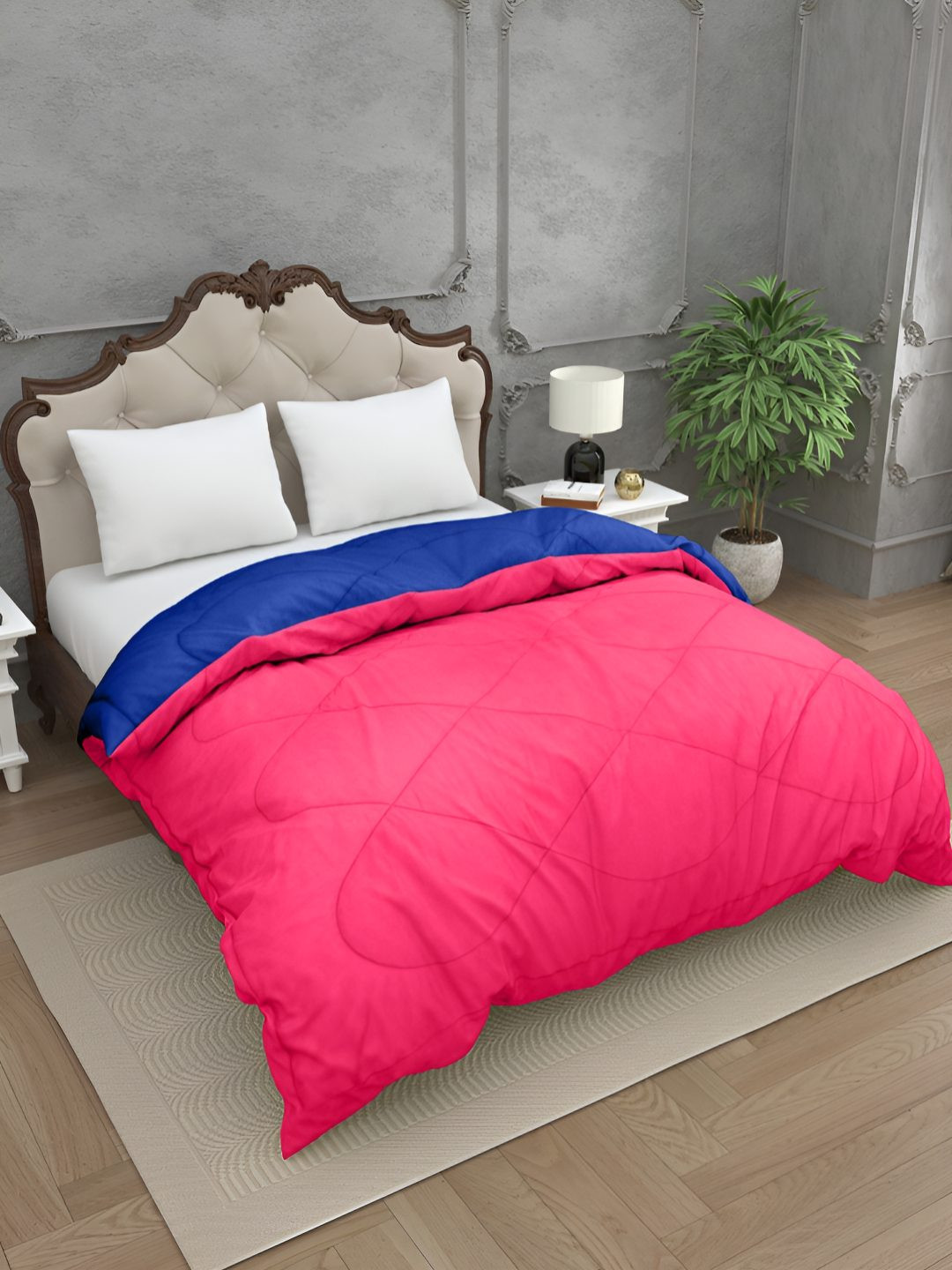 BED-SHEET.COM Navy Blue & Pink Geometric Microfiber Mild Winter 300 GSM Double Bed Comforter