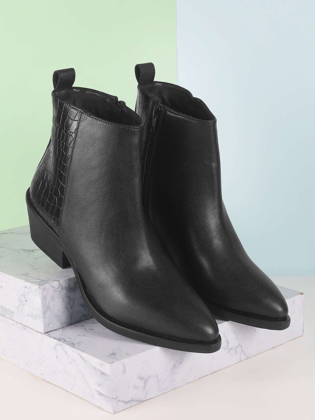 Mochi Women Casual Pointed Toe Block Healed Textured Regular Boots