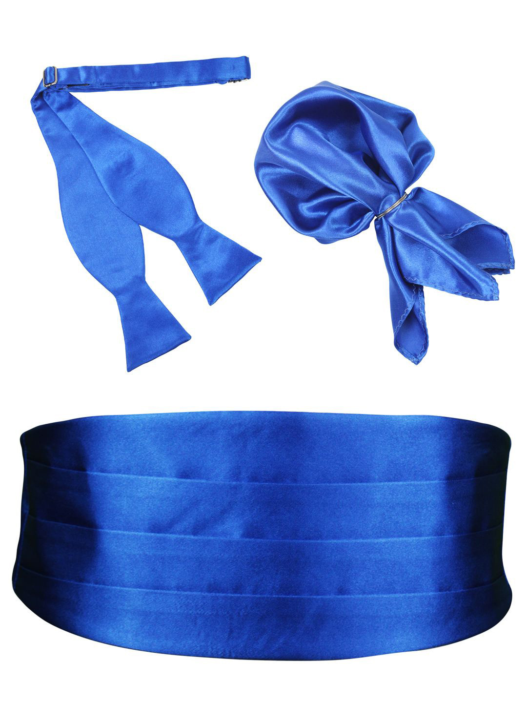 Peluche Bold Blue Cummerbund Open Bow Tie & Pocket Square Set