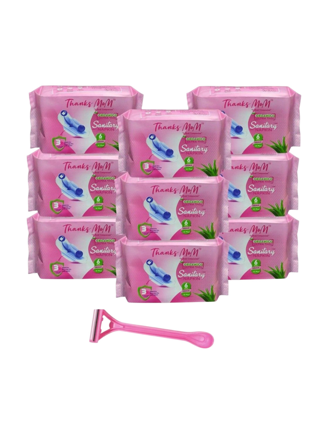 THANKS MOM Set Of 9 Organico Ultra Thin Sanitary Pads With Razor - XL - 6 Pads Each