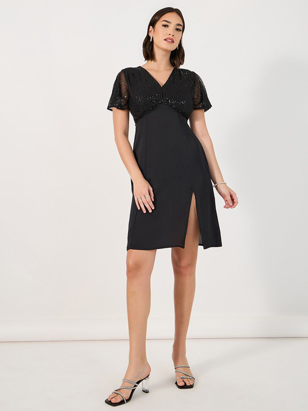 Styli Women Embellished V-Neck Bell Sleeve A-Line Above Knee Dress With Slit