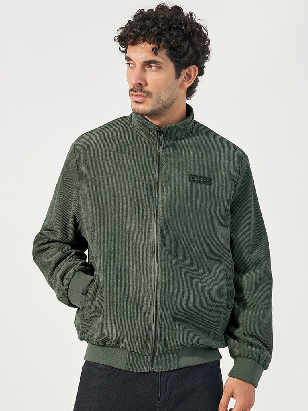 Styli Men Corduroy High Neck Zipper Jacket