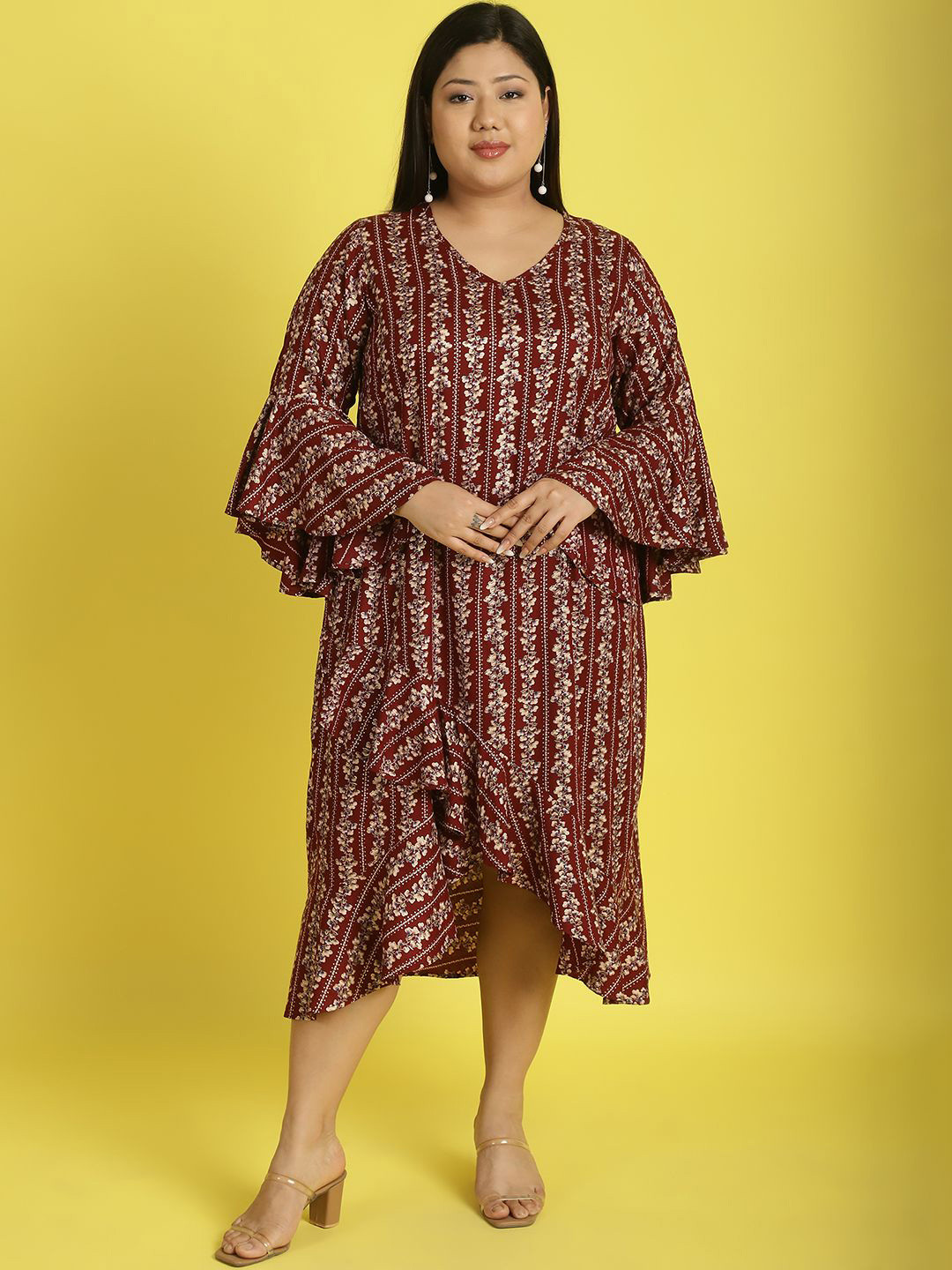 theRebelinme Plus Size Floral Printed V-Neck Bell Sleeves High-Low A-Line Dress