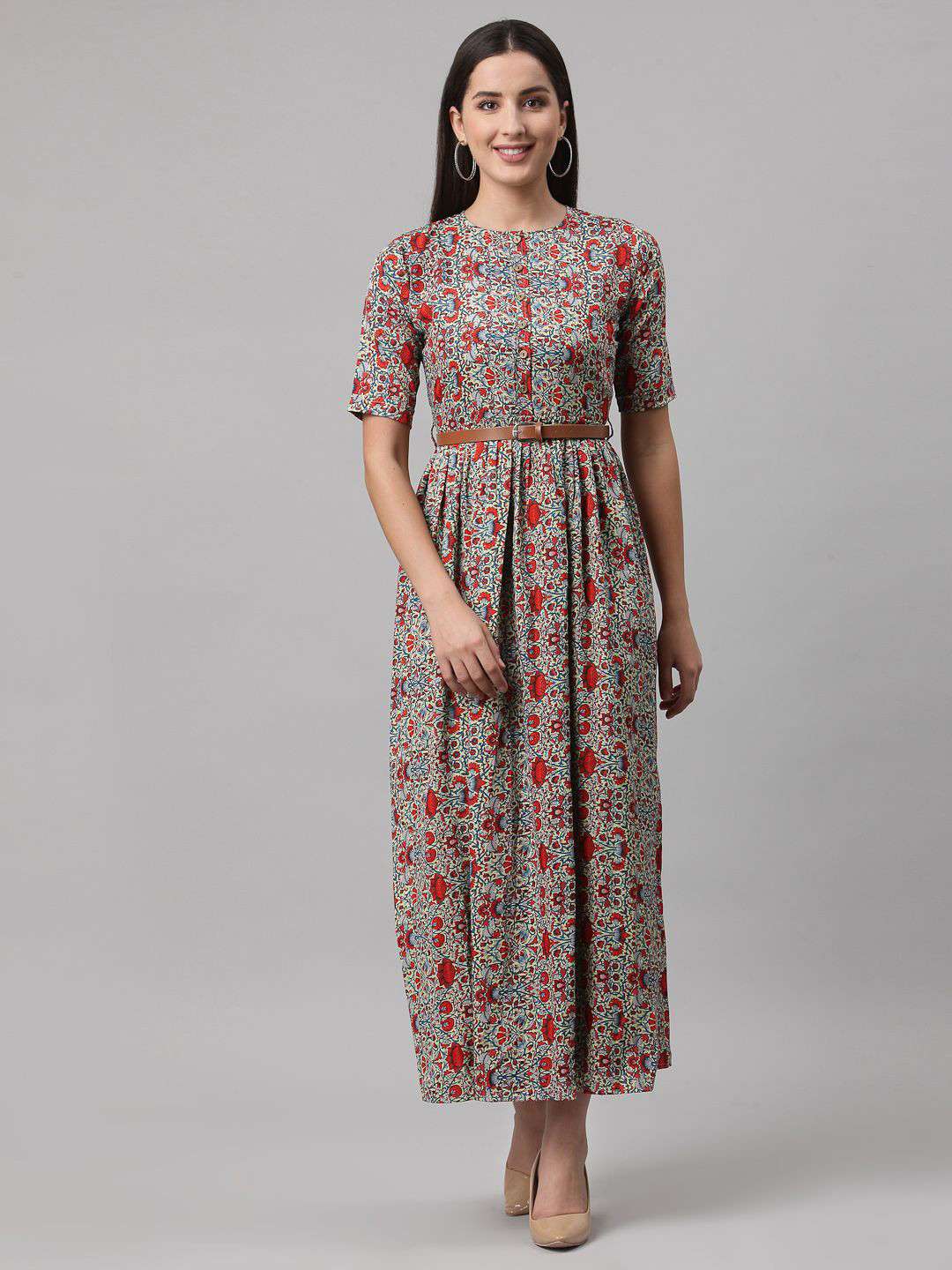 BAESD Floral Printed Belted Fit & Flare Maxi Dress With Belt