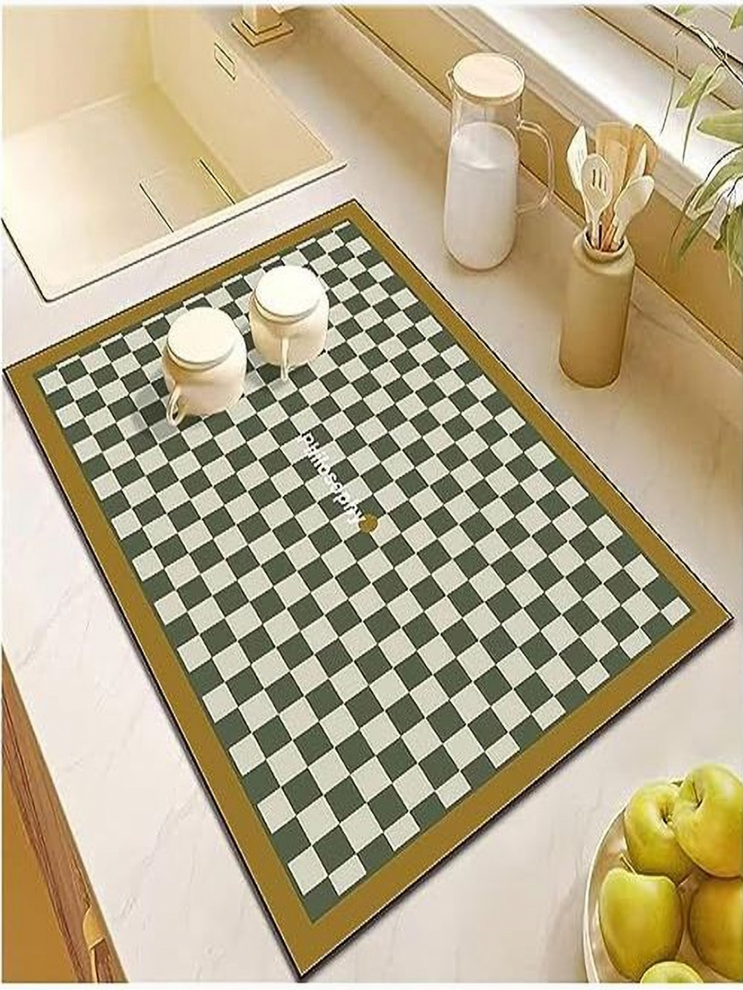 HOUSE OF QUIRK Green & Beige Checked Rectagular Kitchen Dish Drying Mat