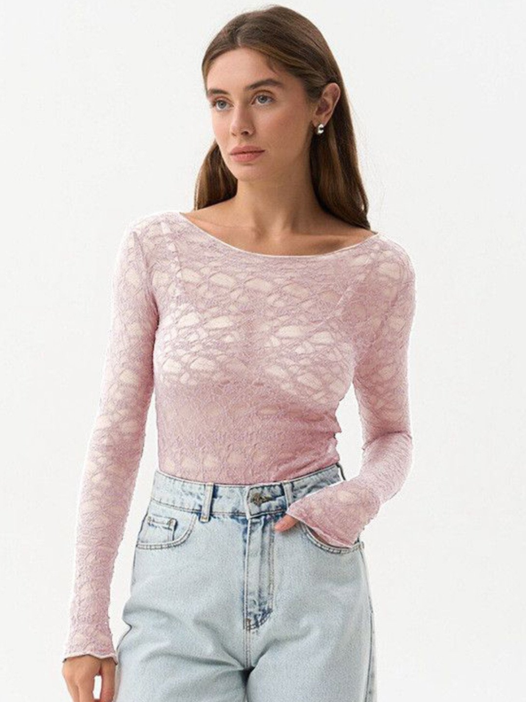 bebe Pink Semi Sheer Lace Boat Neck Full Sleeve Fitted Top