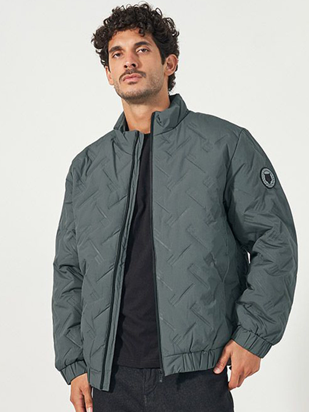 Styli Grey Chevron Quilted High Neck Puffer Jacket
