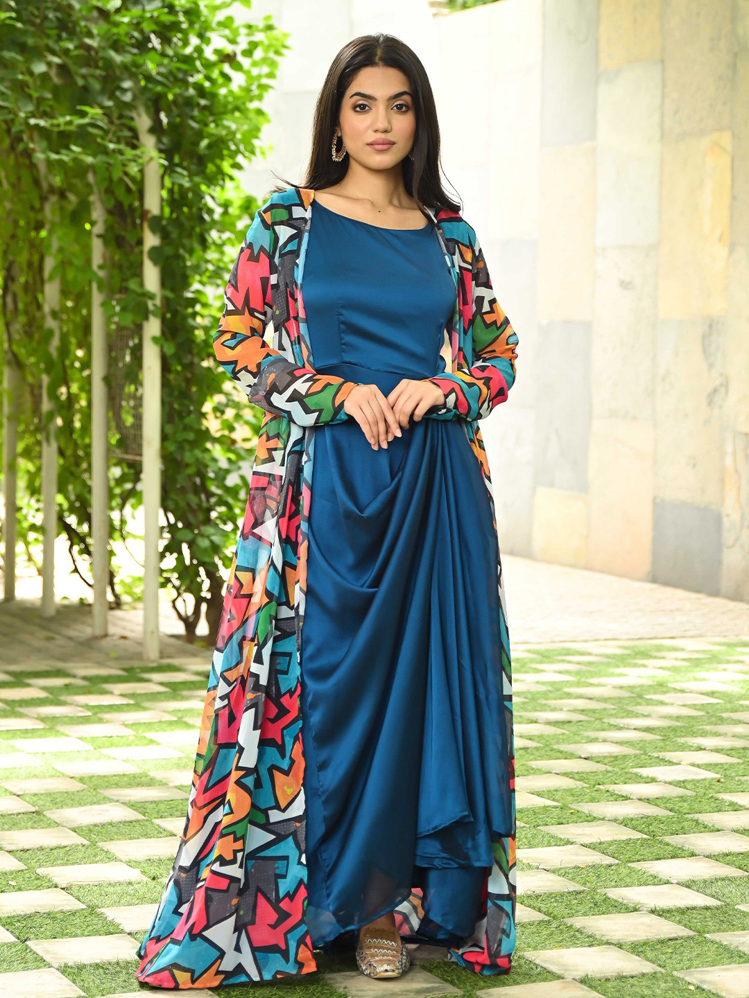 Vinya Georgette Boat Neck Maxi Drape Dress with Jacket