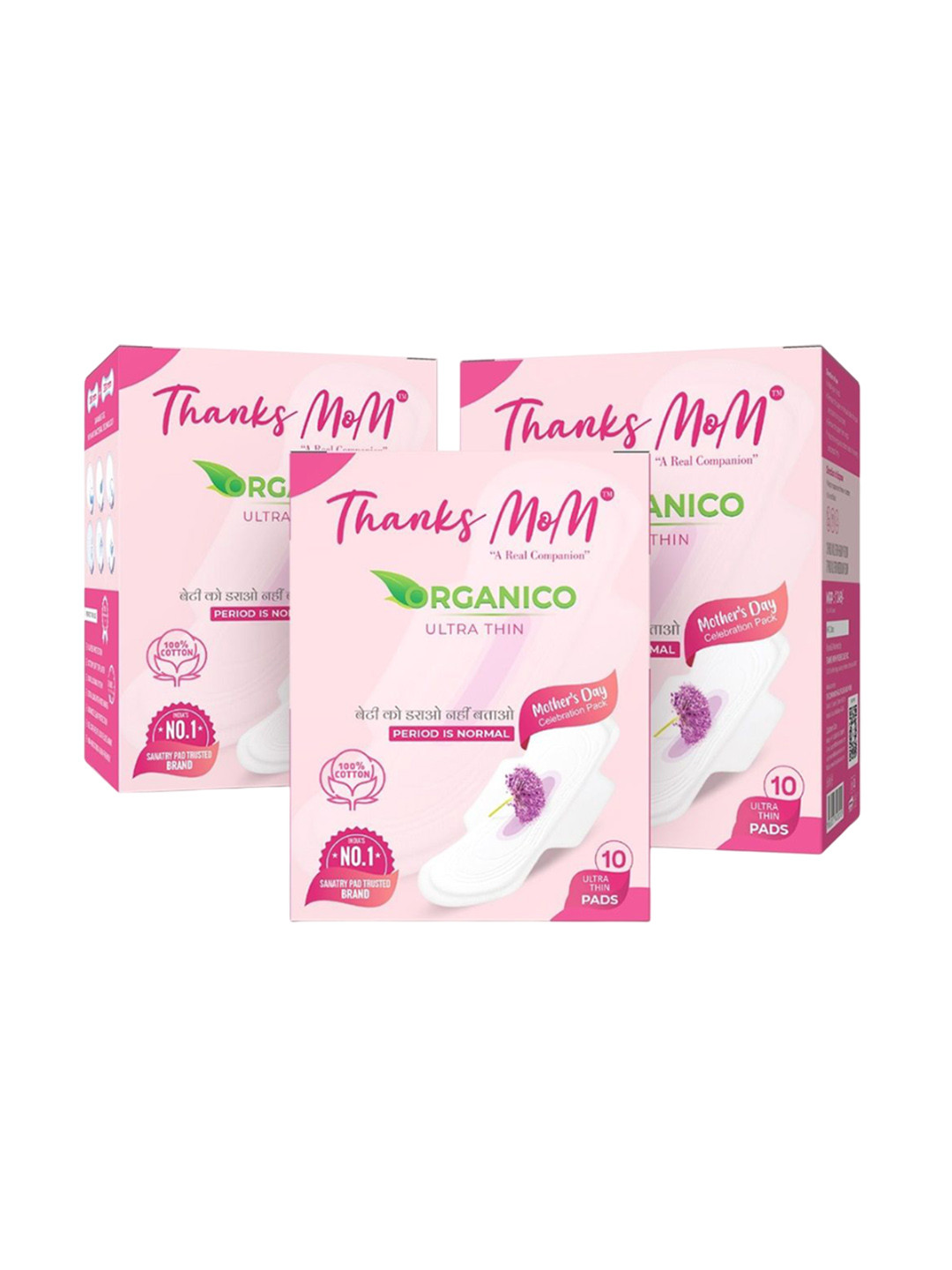 THANKS MOM Set Of 3 Organico Soft Cotton Ultra Thin Sanitary Pads - 10Pcs Each
