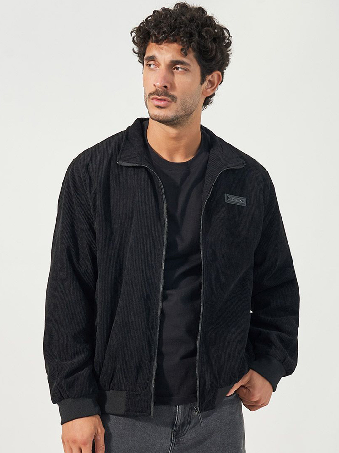 Styli Men Corduroy High Neck Zipper Jacket